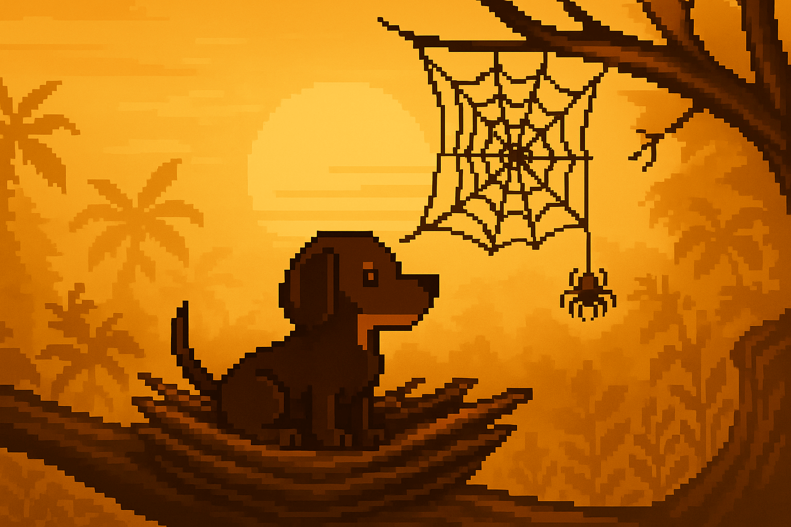 ピクセルアート風のダックスフンドとクモのイラスト。Spidexトレンドの世界観を表現したメインビジュアル。